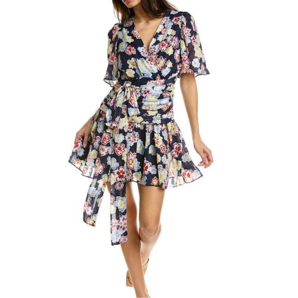 Tanya Taylor Brynn Faux Wrap Blue Floral Mini Wrap Dress Size 8